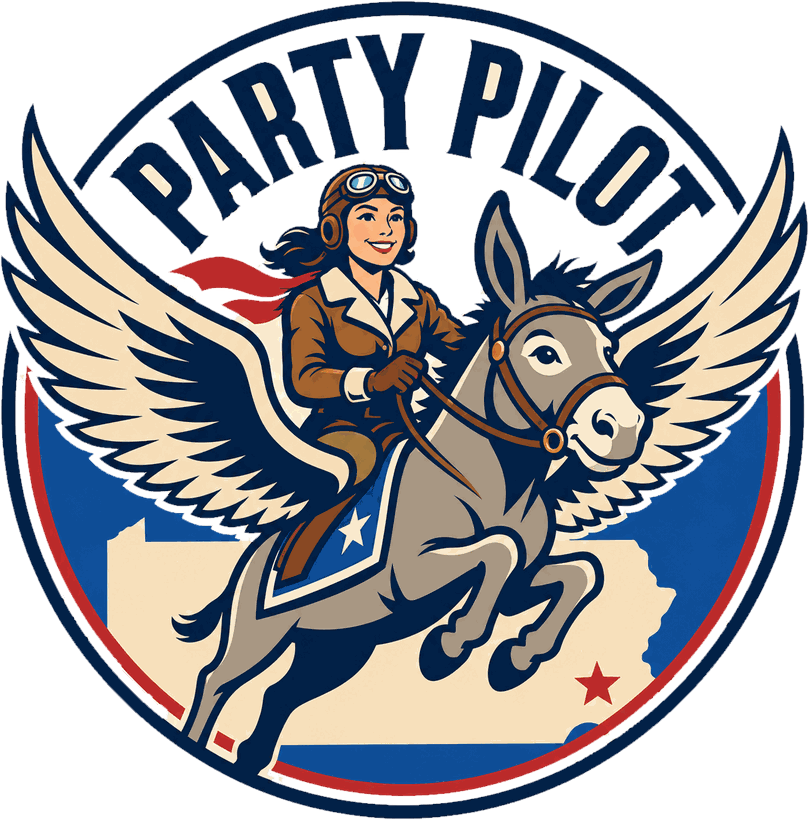 Party Pilot badge: a pilot riding a winged donkey over a map of Pennsylvania.